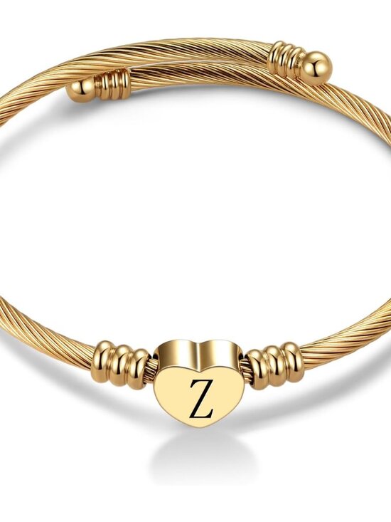Jewelry - Women Gold Plated Heart Initial A-Z Letter Cuff Bracelets Expandable Stainless S